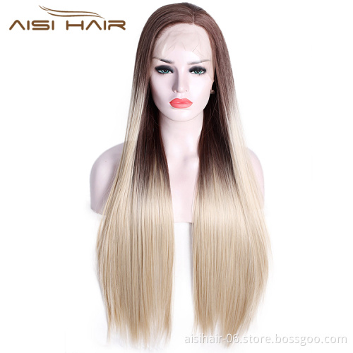 Aisi Hair 26 Inch Long Silky Straight Wig Ombre Blonde Dark Root Lace Frontal Wig Middle Part Front Lace Hair Wigs For Women